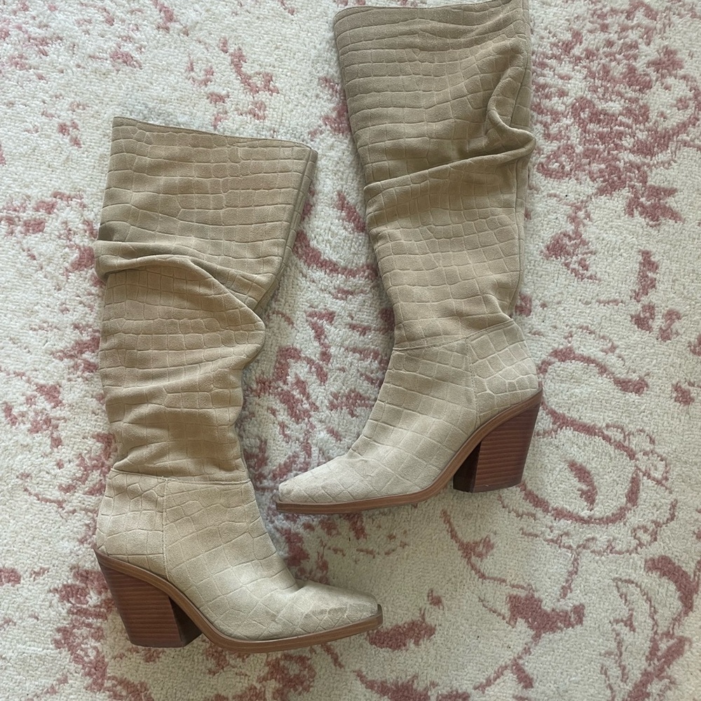 Vince Camuto Beige Croc-Embossed Heeled Boots